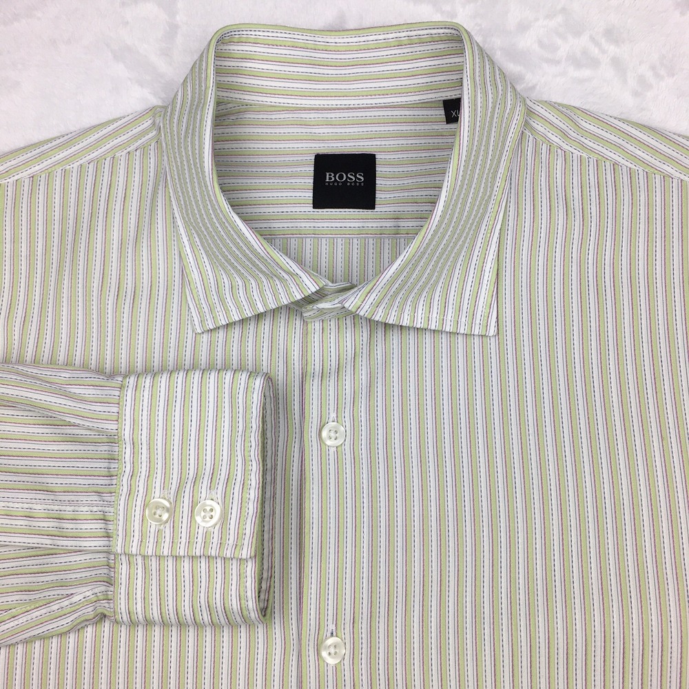 Hugo Boss Dress Shirt Mens XL Light Green Striped Long Sleeves